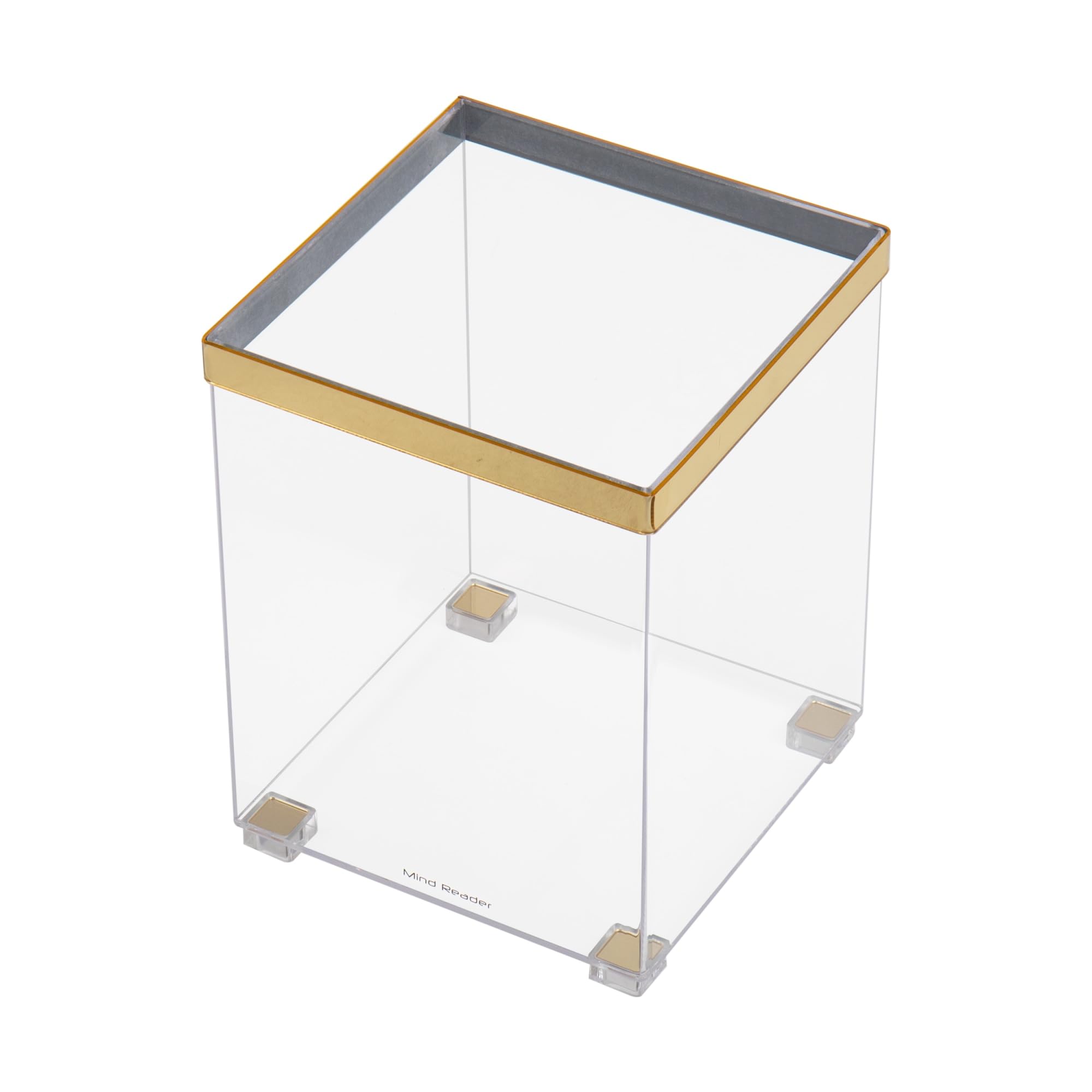 Mind Reader Trash Can, Wastebasket, Bin, Wastepaper Basket, Clear, Office, Bathroom, 8" L x 8" W x 10.5" H, Clear and Gold