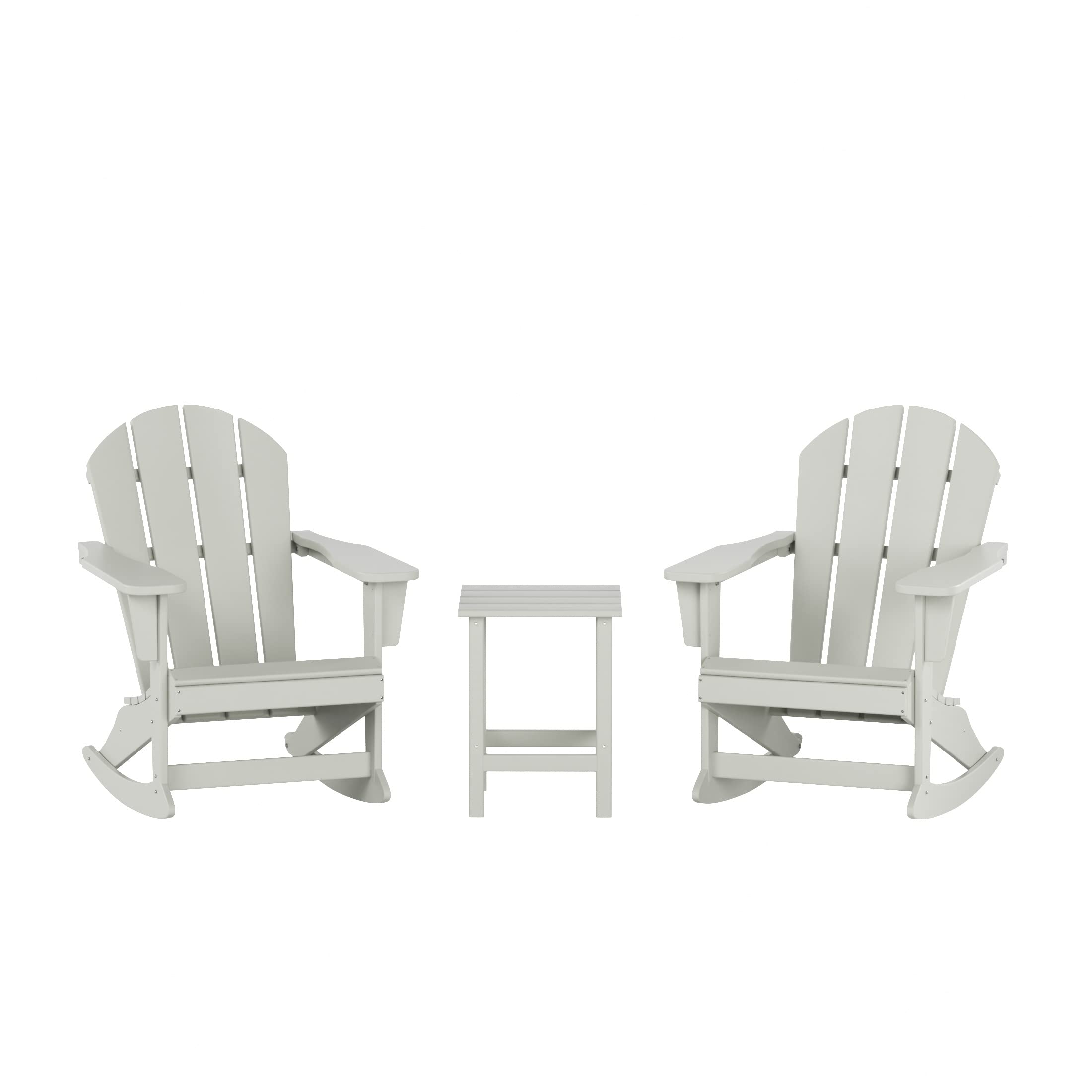 WestinTrends Malibu 3 Piece Outdoor Rocking Chair Set, All Weather Poly Lumber Porch Patio Adirondack Rocking Chair Set of 2 with Side Table, Sand