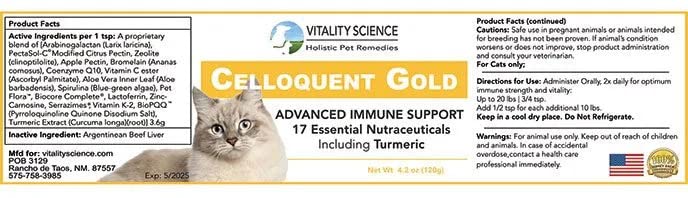 Vitality Science Celloquent Gold for Cats | Holistic Advanced Immune Support Supplement | 17 Synergistic Ingredients | Auto Immune, Vomit and Diarrhea, Depression (60g)