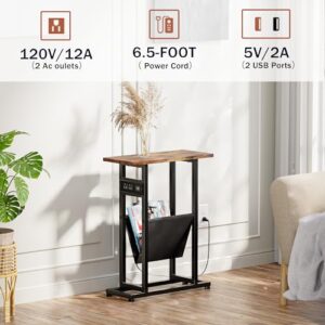 LAKEMID Narrow Side Table Set of 2 with Charging Station, Skinny Side Tables with Storage, Slim End Tables for Small Spaces with USB Ports for Living Room, Bedroom, Rustic Brown