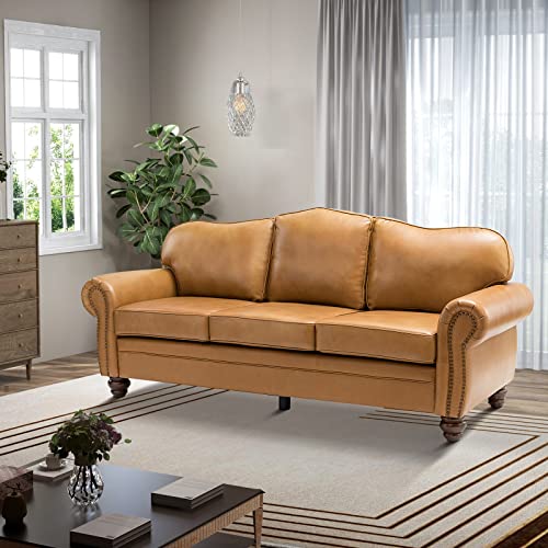 HULALA HOME 81'' Upholstered Leather Sofa with Nailhead Trim and Rolled Armrests, Mid-Century Modern Living Room 3-Seater Couch, Camel Couch with Removable Cushion for Bedroom Apartment