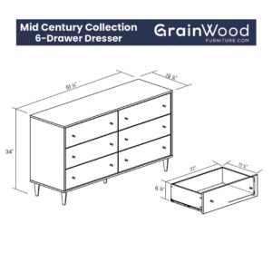 Grain Wood Furniture Mid Century 6-Drawer Dresser, Brushed Walnut