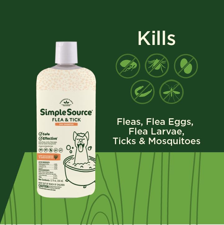 SimpleSource® Flea & Tick Shampoo for Dogs, Powered by Plants, Kills Fleas, Flea Eggs, Flea Larvae, & Ticks, & Mosquitos, Cleans & Deodorizes, 12oz Bottle