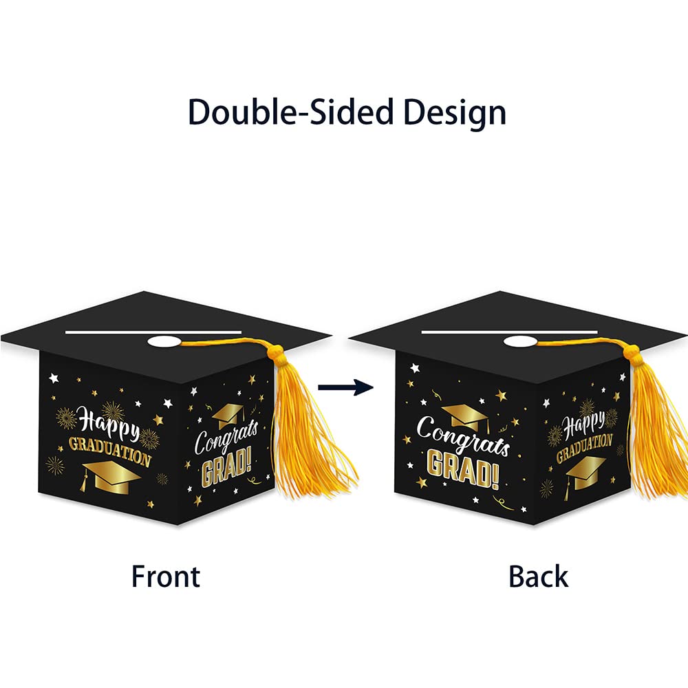 Topfunyy 2024 Graduation Party Card Box, Black Gold Congrats Cap Card Holder Box with Tassel for 2024 Graduation Party Decoration