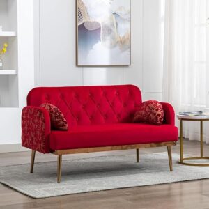 55" Small Velvet Couch with Elegant Moon Shape Pillows, Twin Size Loveseat Accent Sofa with Golden Metal Legs, Living Room Sofa with Tufted Backrest, 600 Pounds Weight Capacity (Red)