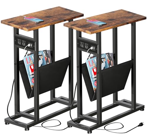 LAKEMID Narrow Side Table Set of 2 with Charging Station, Skinny Side Tables with Storage, Slim End Tables for Small Spaces with USB Ports for Living Room, Bedroom, Rustic Brown