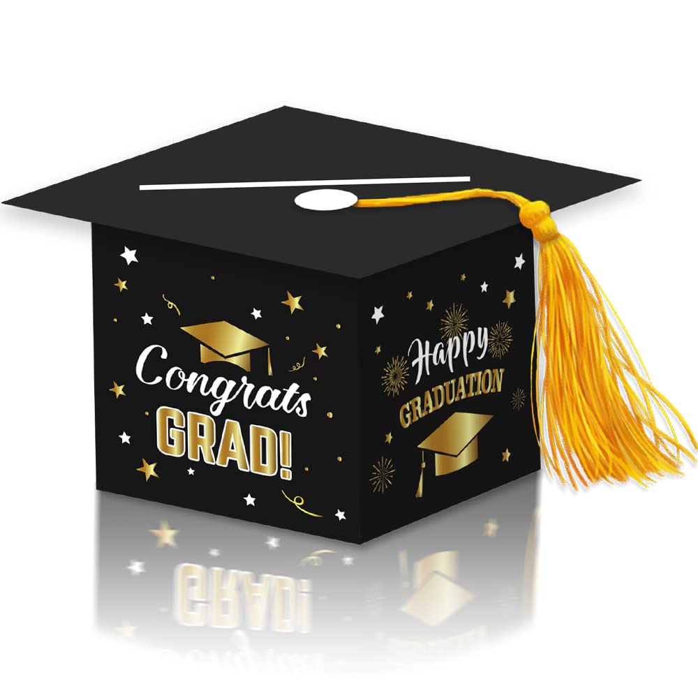 Topfunyy 2024 Graduation Party Card Box, Black Gold Congrats Cap Card Holder Box with Tassel for 2024 Graduation Party Decoration