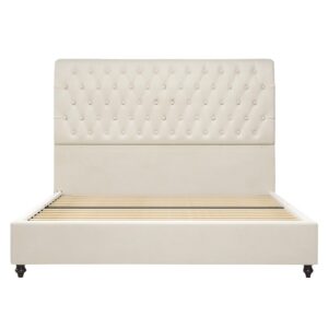 Jocisland Upholstered Bed Frame Queen Velvet Tufted Sleigh Headboard Cream