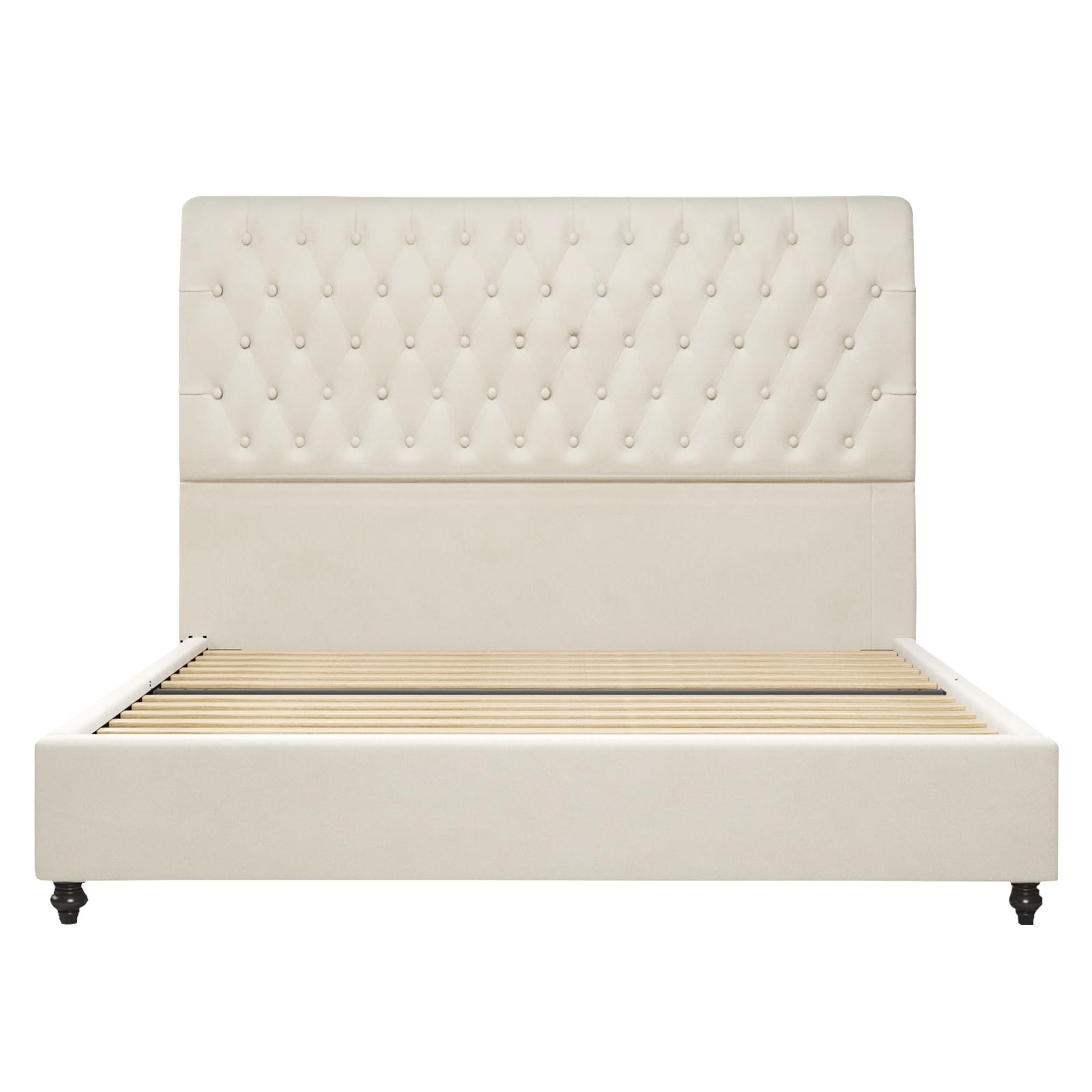 Jocisland Upholstered Bed Frame Queen Velvet Tufted Sleigh Headboard Cream