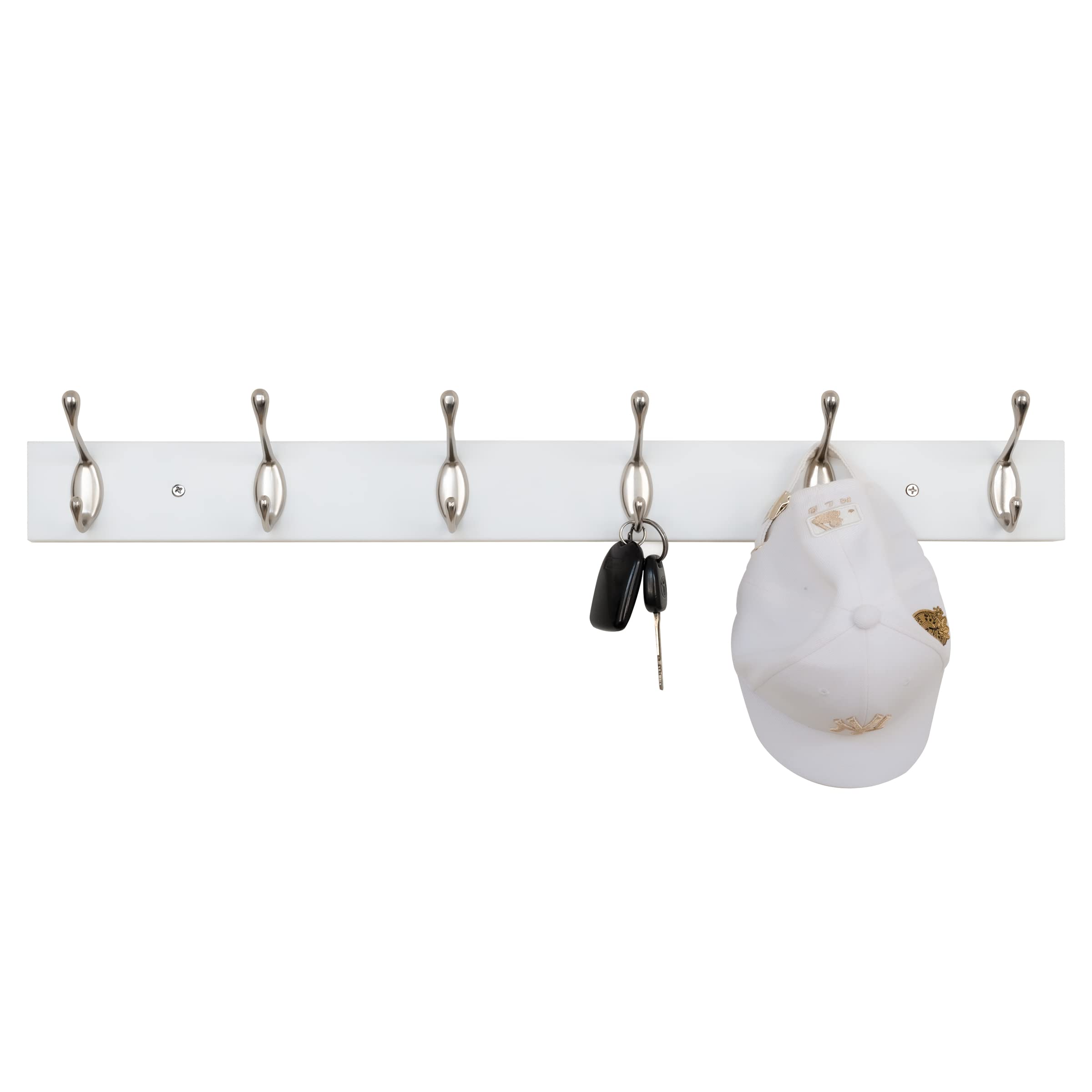 ROOREVO Wall Mounted Coat Rack 24 Inches with 6 Hooks - 2 Pack, Wall Coat Hooks Wall Hat Hanger, Satin Nickel & White