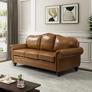 hulala home 81'' upholstered leather sofa with nailhead trim and rolled armrests, mid-century modern living room 3-seater couch, camel couch with removable cushion for bedroom apartment