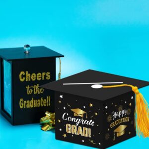 Topfunyy 2024 Graduation Party Card Box, Black Gold Congrats Cap Card Holder Box with Tassel for 2024 Graduation Party Decoration