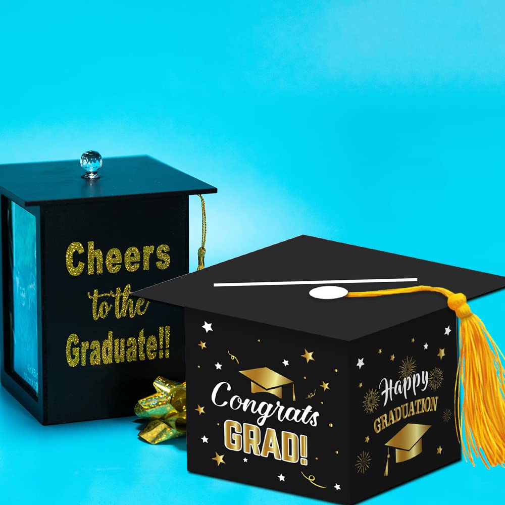 Topfunyy 2024 Graduation Party Card Box, Black Gold Congrats Cap Card Holder Box with Tassel for 2024 Graduation Party Decoration