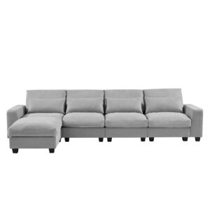 kevinplus 130'' Sectional Sofa Couch for Living Room, Large 4-Seat L-Shape Modern Sofa Couch with Convertible Ottoman, Feather Filled Reversible Sofa Couch with Waist Pillows, Lighr Grey