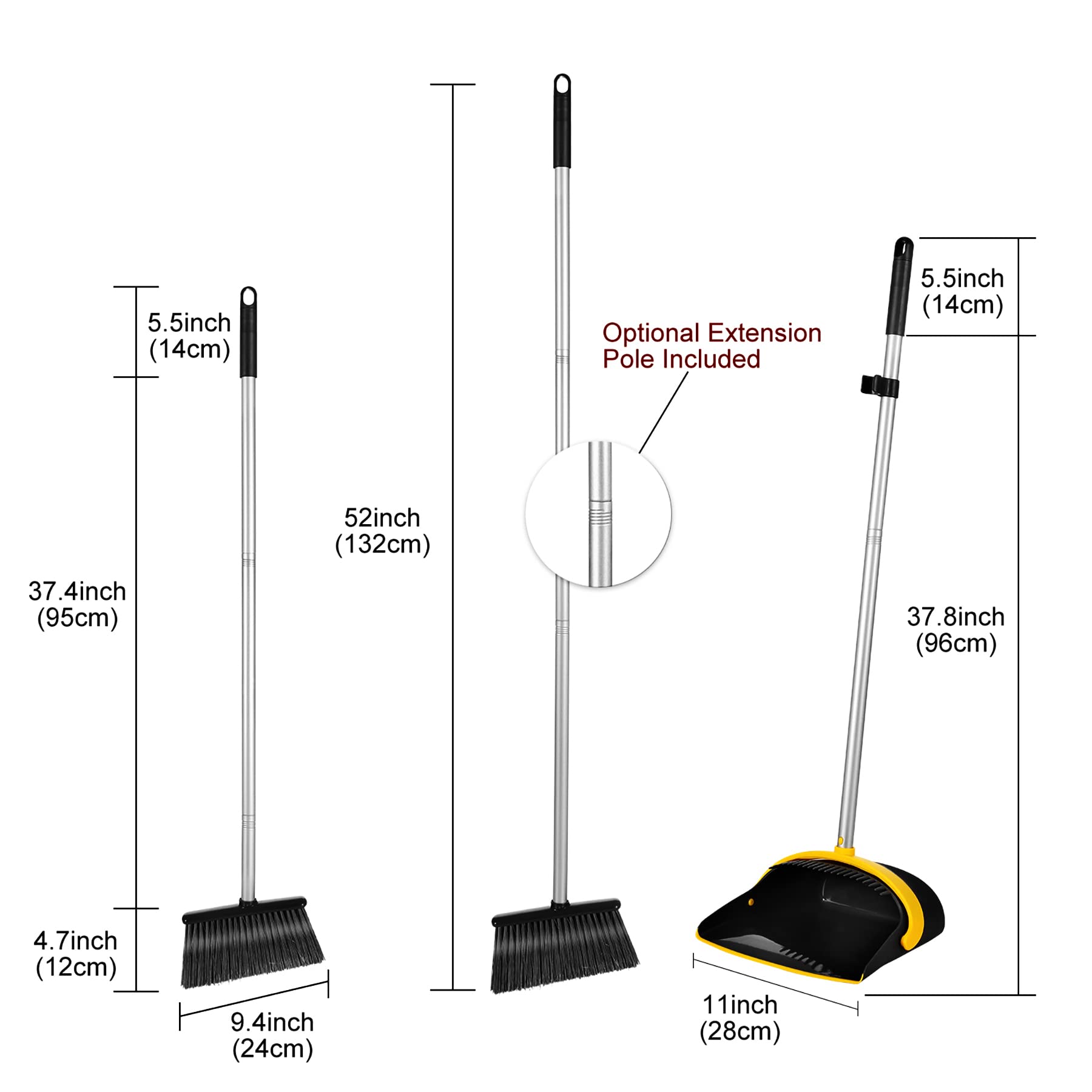 Yocada Broom and Dustpan Set Upgrade 52" Long Handle Upright Stand Up Dustpan with Combo Stiff Bristle Indoor Outdoor Perfect for Home Kitchen Room Office Lobby Floor Pet Hair Rubbish Dark Grey