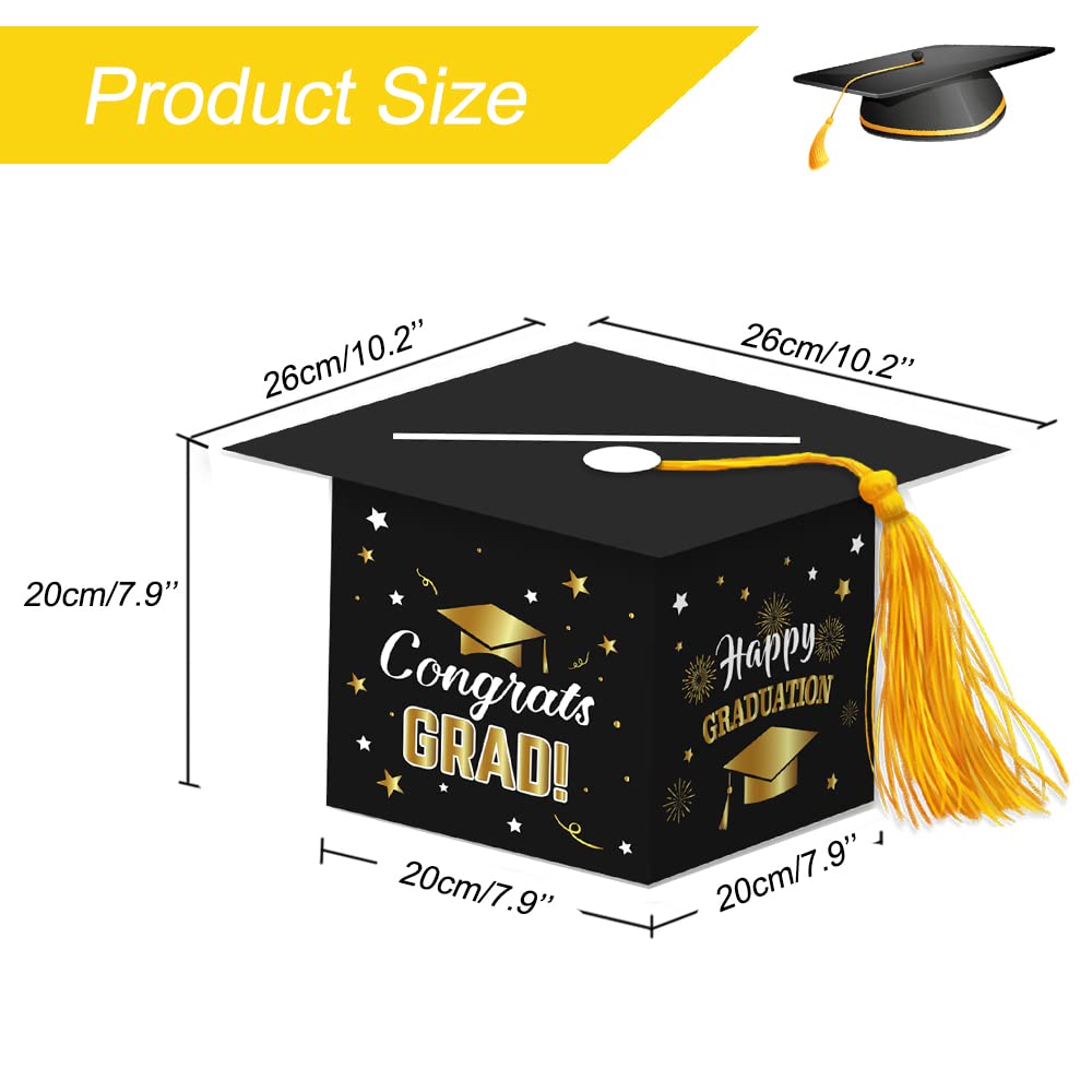 Topfunyy 2024 Graduation Party Card Box, Black Gold Congrats Cap Card Holder Box with Tassel for 2024 Graduation Party Decoration