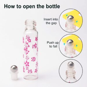 JIUWU 10ml/0.34oz Refillable Glass Roller Bottles, Pink Glass Roll on Bottles Empty Essential Oil Perfume Glass Sample Vials, with Funnel Dropper Opener, Pack of 12