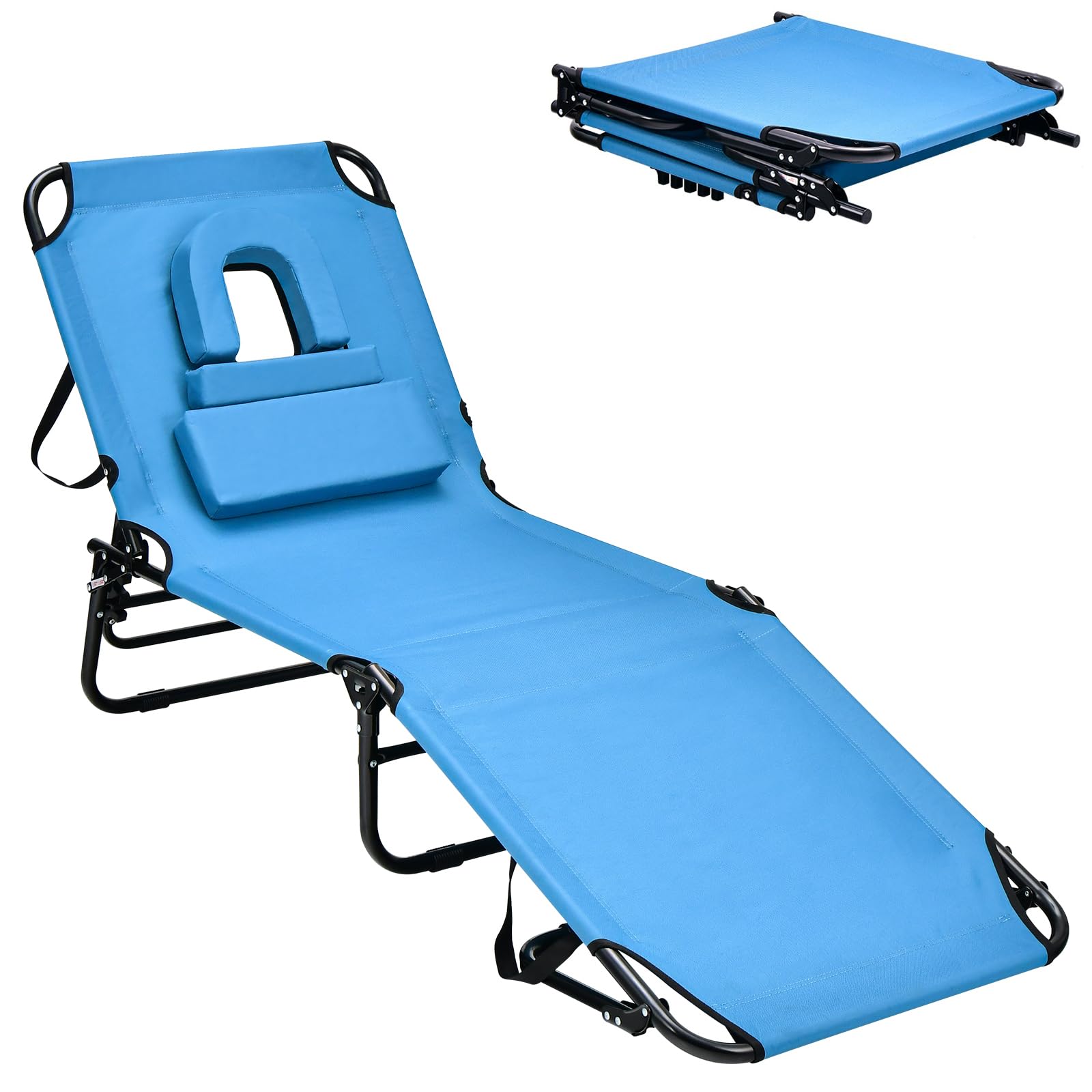 Goplus Tanning Chair, Folding Beach Lounge Chair w/Face Hole, 350LBS Capacity, Removable Pillow, Carry Strap, Adjustable Sunbathing Chair, Patio Chaise Lounger for Outside Lawn Pool Adult (1, Blue)