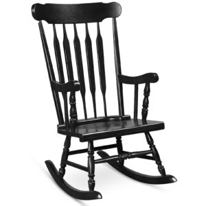 tangkula patio rocking chair solid rubber wood, outdoor porch rocker chair with rubber wood frame, indoor wooden rocking chair, ideal for garden, backyard & balcony (1, black)