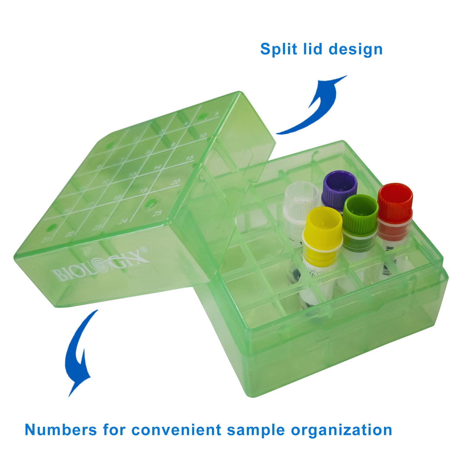 CryoKing 2in 25 Well PP Cryogenic Boxes, Microtube Storage Box, Tube Laboratory Storage Freezer Boxes, 5 Pcs