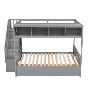 Harper & Bright Designs Bunk Bed Twin Over Full with Storage Staircase and 2 Drawers, Wooden Bunk Bed Frame with 4 Storage Shelves for Kids Boys Girls Teens, No Box Spring Need (Gray)