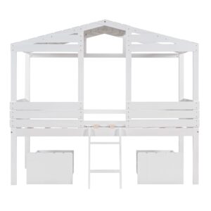 Merax Junior Wood Loft House Bed with Ladder/Drawers, Low Loft Bunk Bed for Girls Boys,No Box Spring Needed/Space Saving Twin Size White