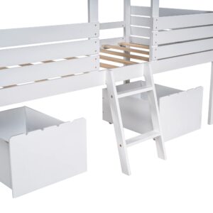 Merax Junior Wood Loft House Bed with Ladder/Drawers, Low Loft Bunk Bed for Girls Boys,No Box Spring Needed/Space Saving Twin Size White