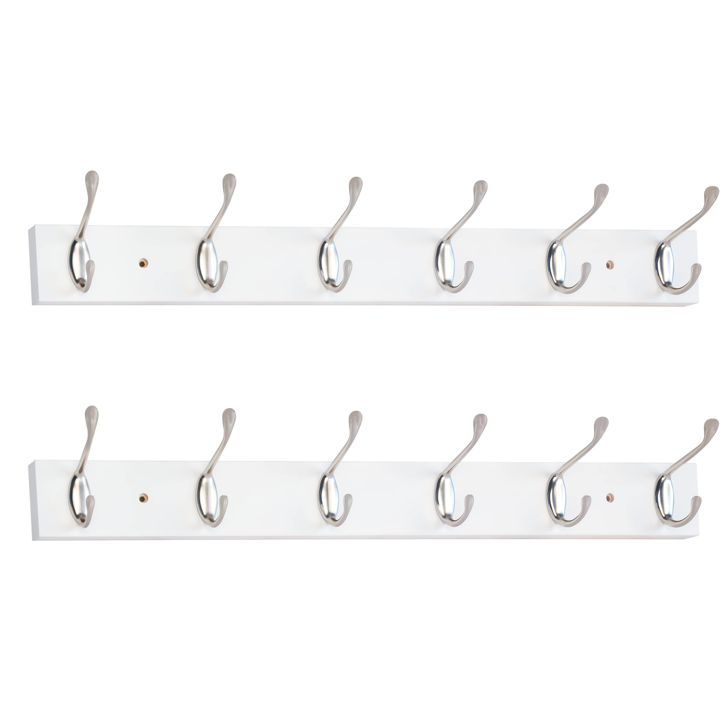 ROOREVO Wall Mounted Coat Rack 24 Inches with 6 Hooks - 2 Pack, Wall Coat Hooks Wall Hat Hanger, Satin Nickel & White