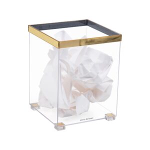 mind reader trash can, wastebasket, bin, wastepaper basket, clear, office, bathroom, 8" l x 8" w x 10.5" h, clear and gold