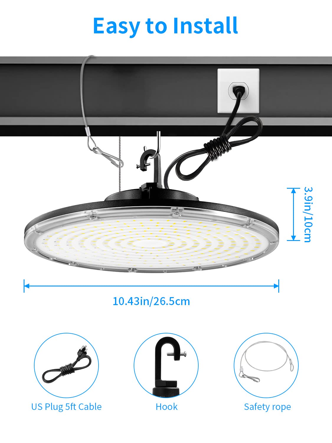 LED High Bay Light 150W, 22500LM LED Shop Light with US Plug 5' Cable, 5000K Daylight UFO LED High Bay Lights, IP65 Commercial Warehouse Light, Super Bright Area Bay Lighting for Garage Barn Workshop