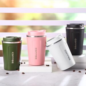 Sieral 4 Pcs 13 oz Christmas Travel Coffee Mug Insulated Reusable Coffee Cups with Leakproof Lid Stainless Steel Portable Coffee Tumbler for Keep Hot or Ice Coffee Milk Tea(Black, White, Pink, Green)