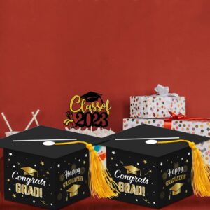 Topfunyy 2024 Graduation Party Card Box, Black Gold Congrats Cap Card Holder Box with Tassel for 2024 Graduation Party Decoration