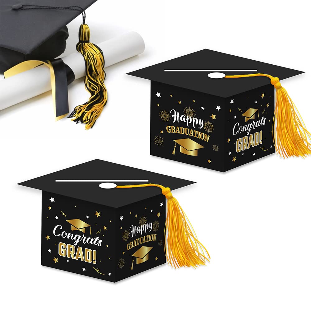 Topfunyy 2024 Graduation Party Card Box, Black Gold Congrats Cap Card Holder Box with Tassel for 2024 Graduation Party Decoration