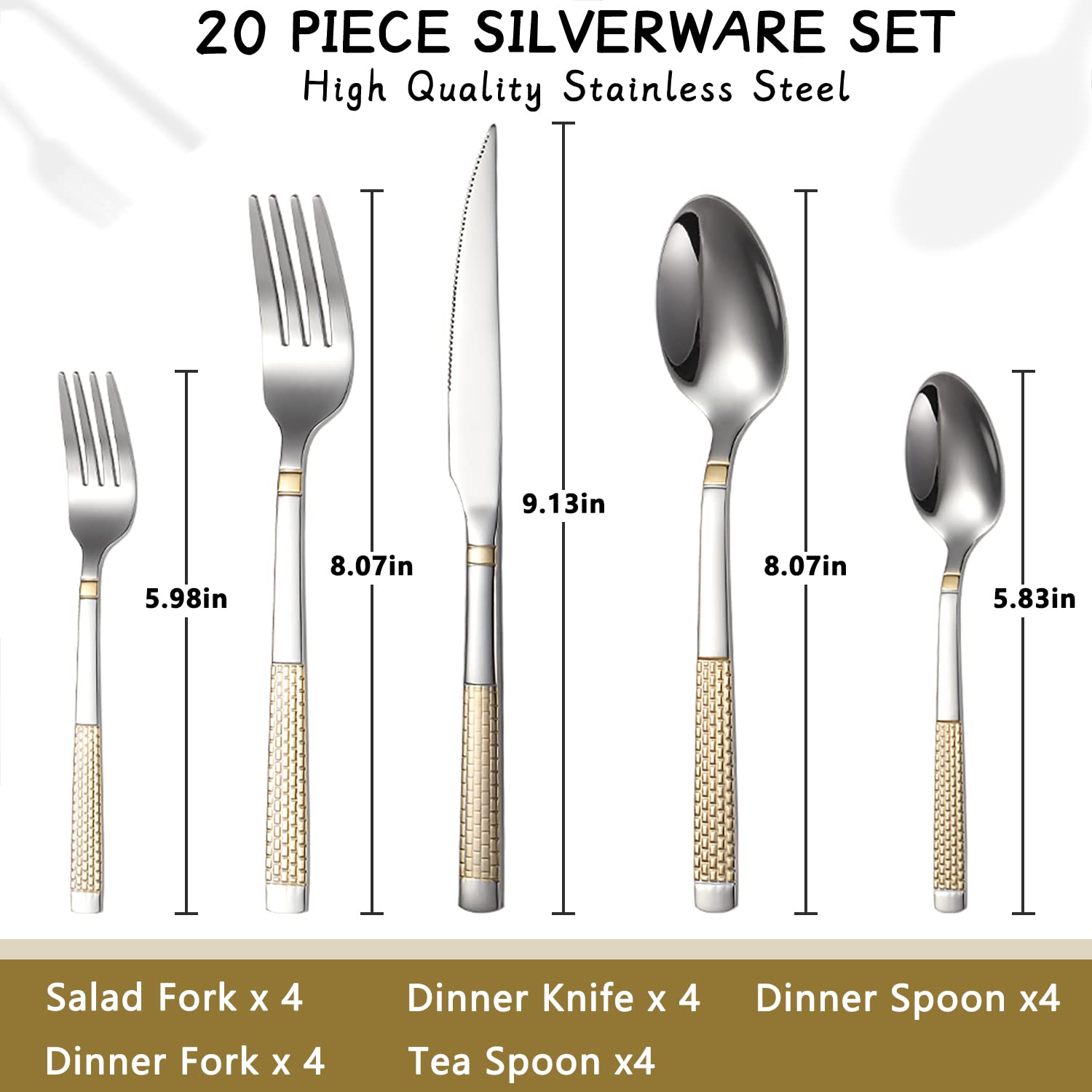 20-Piece Silverware Set Stainless Steel Flatware Set for 4 Kitchen Utensil Cutlery Sets Includes Forks Spoons Knives for Home Restaurant Hotel