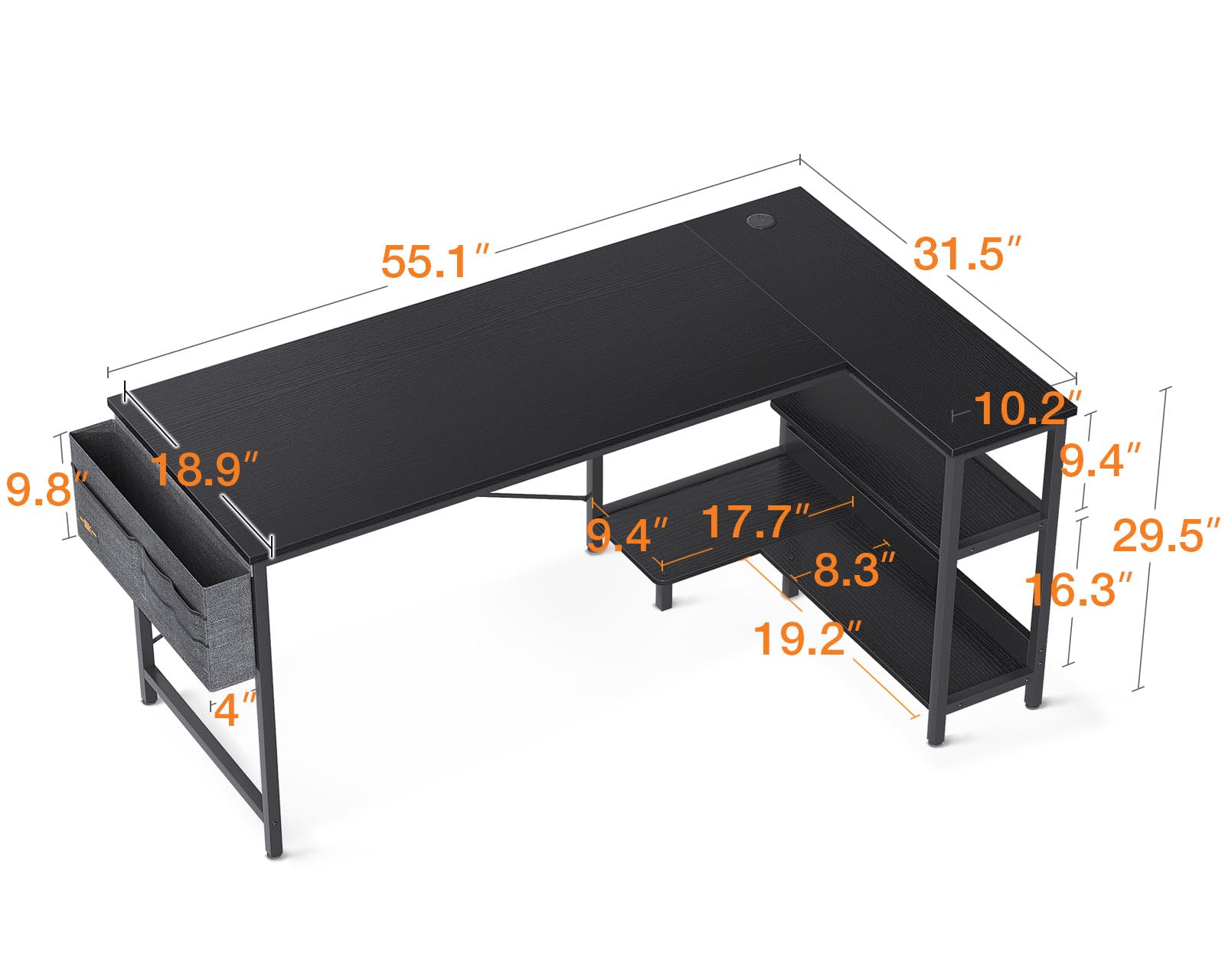 ODK 55 Inch Small L Shaped Computer Desk with Power Outlets, Corner Desk with PC Stand & Reversible Storage Shelves for Small Space Home Office Workstation, Modern Simple Writing Study Table, Black