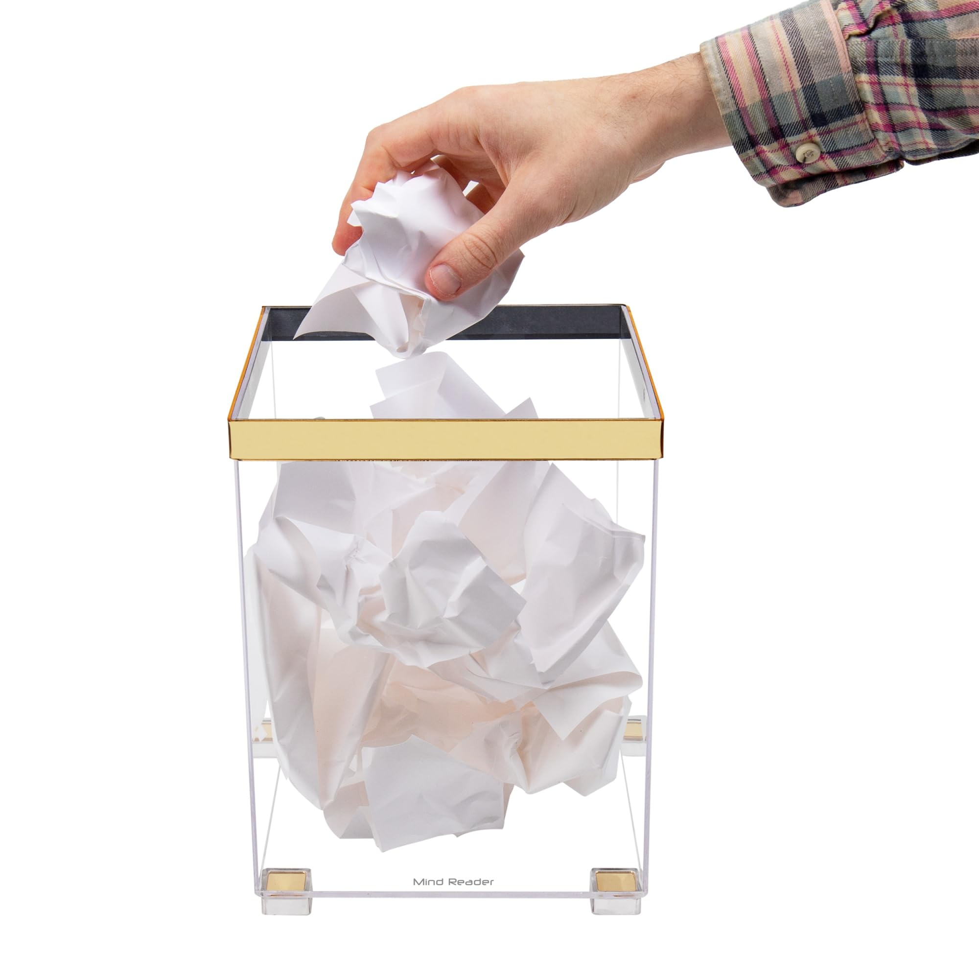 Mind Reader Trash Can, Wastebasket, Bin, Wastepaper Basket, Clear, Office, Bathroom, 8" L x 8" W x 10.5" H, Clear and Gold