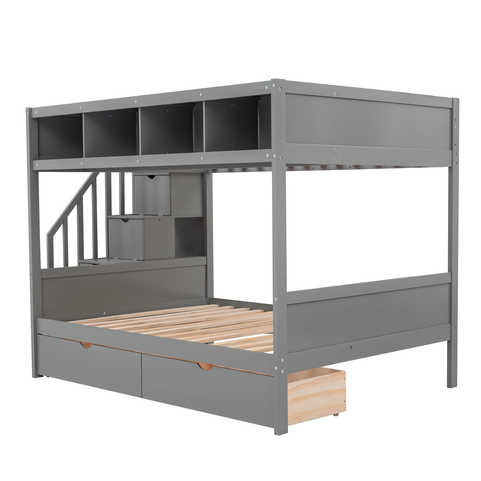 Harper & Bright Designs Bunk Bed Twin Over Full with Storage Staircase and 2 Drawers, Wooden Bunk Bed Frame with 4 Storage Shelves for Kids Boys Girls Teens, No Box Spring Need (Gray)