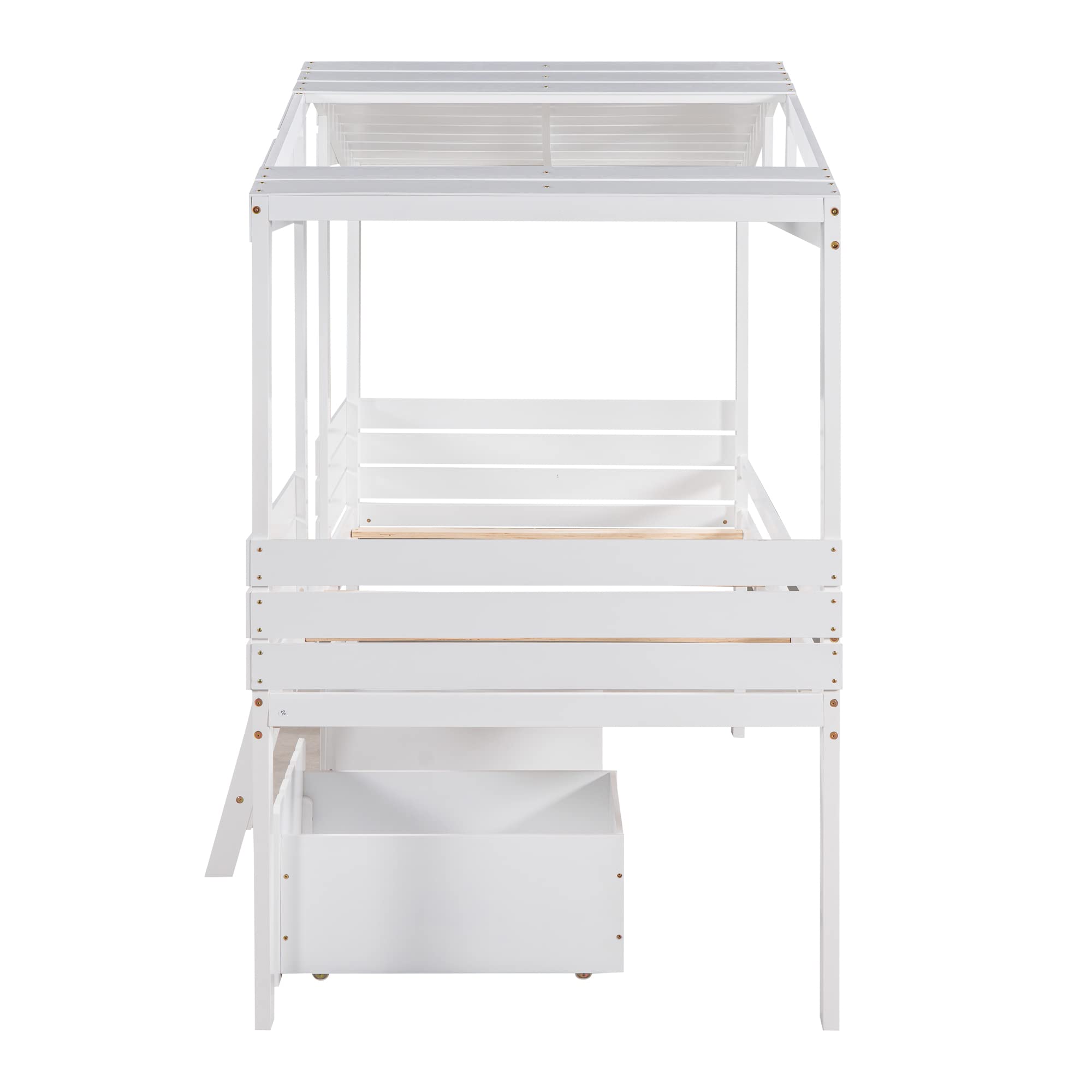 Merax Junior Wood Loft House Bed with Ladder/Drawers, Low Loft Bunk Bed for Girls Boys,No Box Spring Needed/Space Saving Twin Size White