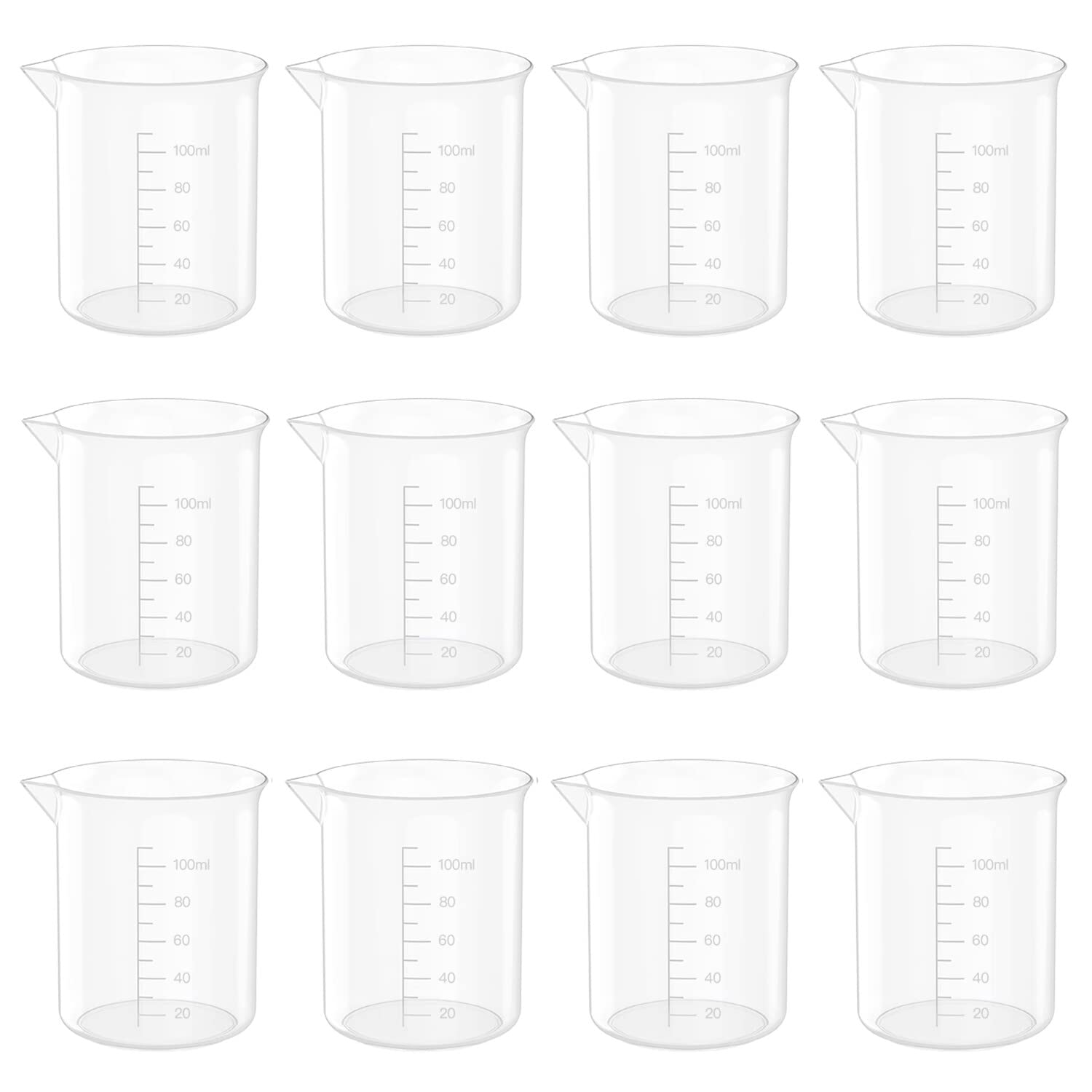 12 Pcs 3.4 Oz Transparent Lab Measuring Cup, 100ml Plastic Beaker Cups, for Science Experiment, Liquid Measuring