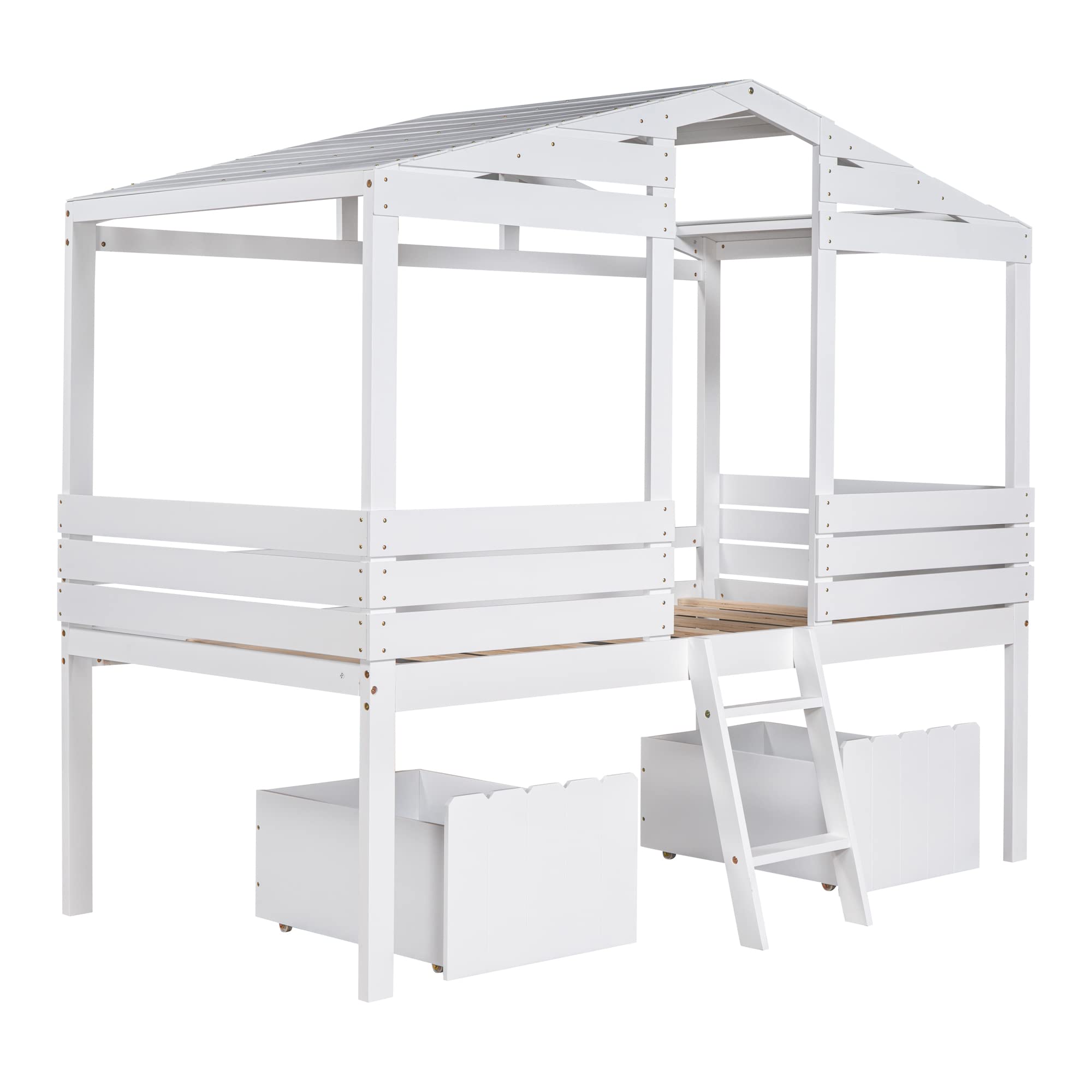 Merax Junior Wood Loft House Bed with Ladder/Drawers, Low Loft Bunk Bed for Girls Boys,No Box Spring Needed/Space Saving Twin Size White