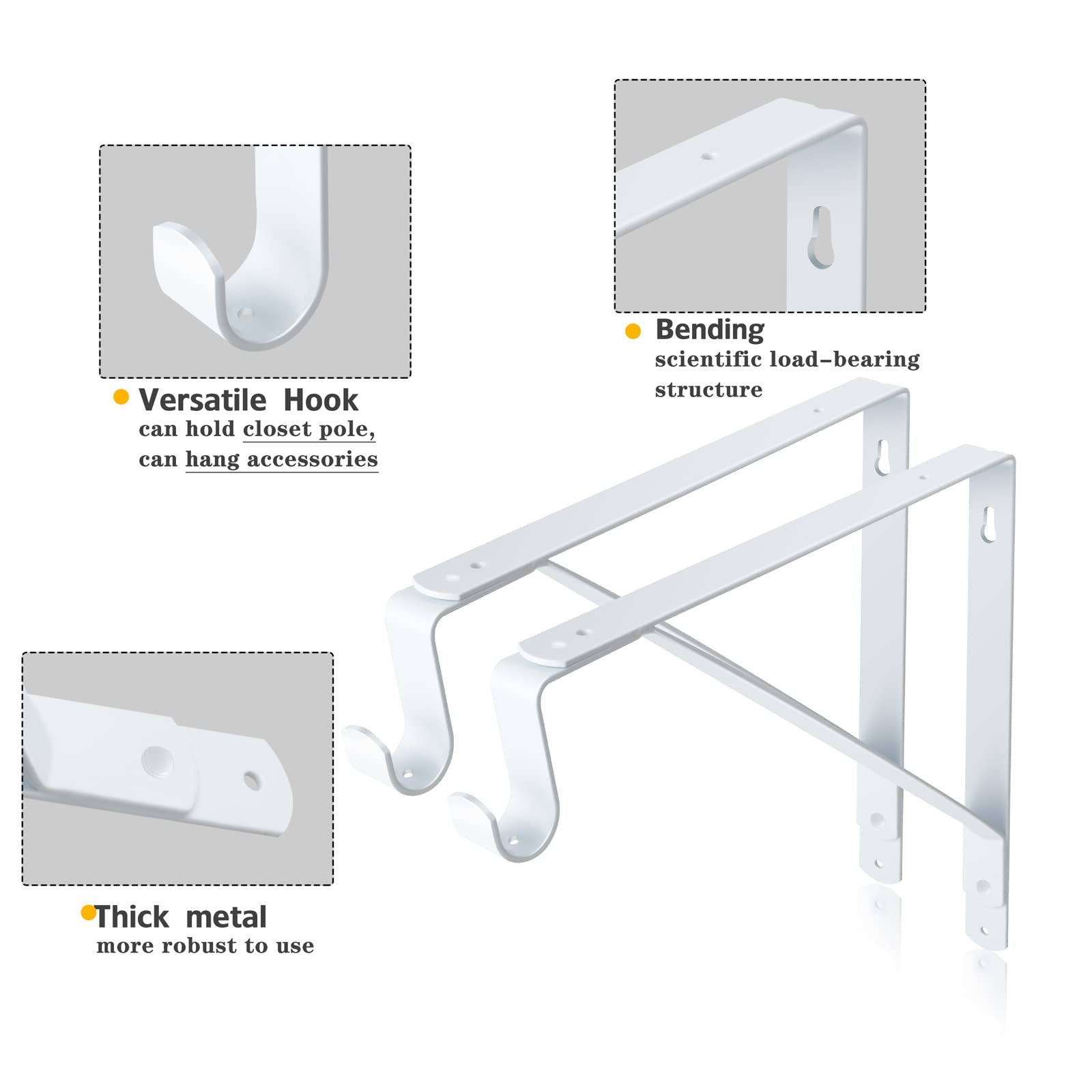 Closet Rod Bracket, Heavy Duty Shelf Bracket with Rod Holder, 11x 10-1/5 inch White Closet Rod Support Wall Mounted Clothes Hanger Pole Support Hooks, 4 Pack