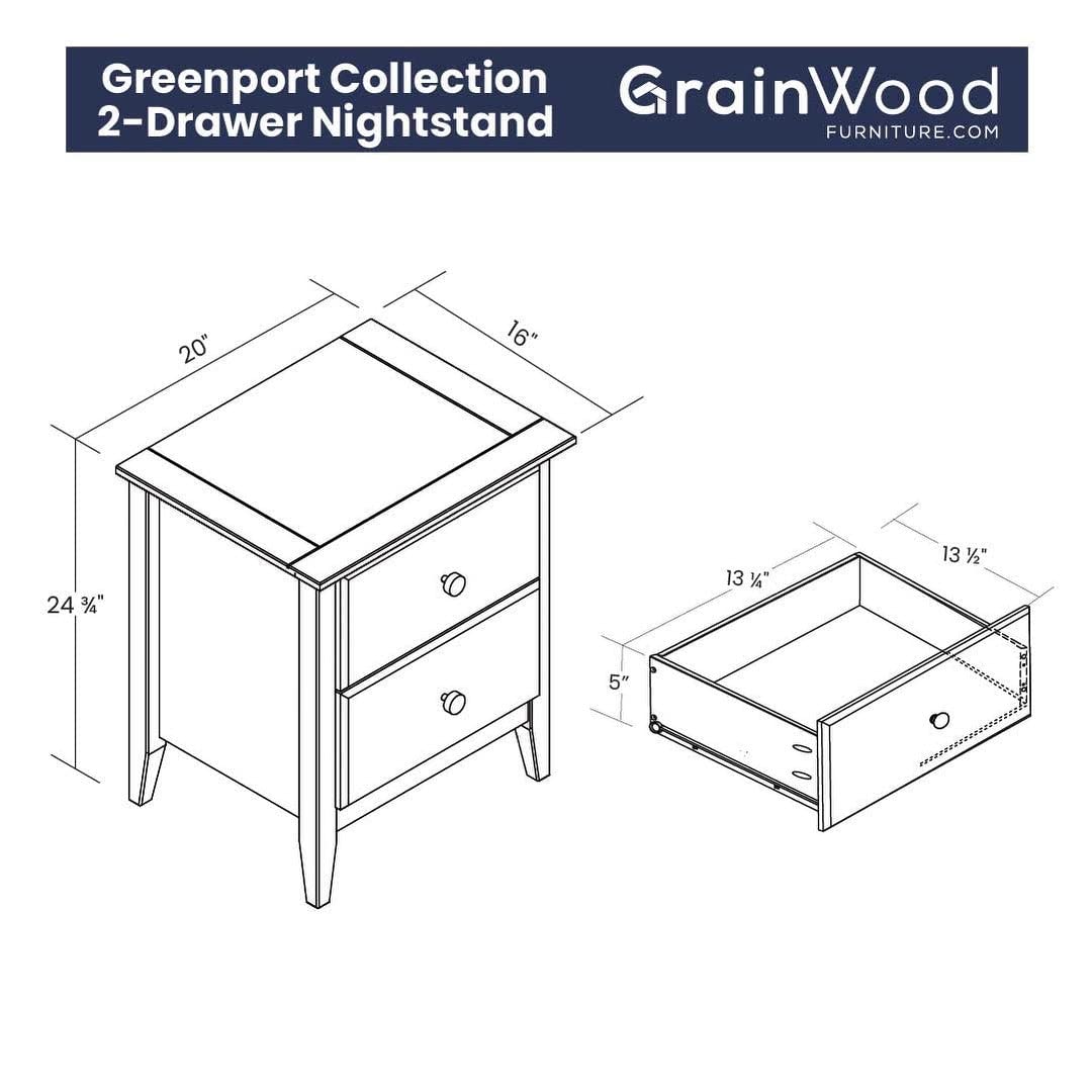 Grain Wood Furniture Greenport 2-Drawer Bedroom Nightstand, Solid Wood with Brushed Walnut Finish