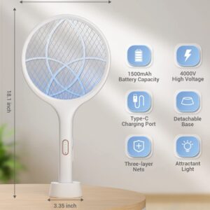 YISSVIC Electric Fly Swatter 4000V Bug Zapper Racket Dual Modes Mosquito Killer with Purple Mosquito Light Rechargeable for Indoor Home Office Backyard Patio Camping