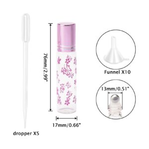 JIUWU 10ml/0.34oz Refillable Glass Roller Bottles, Pink Glass Roll on Bottles Empty Essential Oil Perfume Glass Sample Vials, with Funnel Dropper Opener, Pack of 12