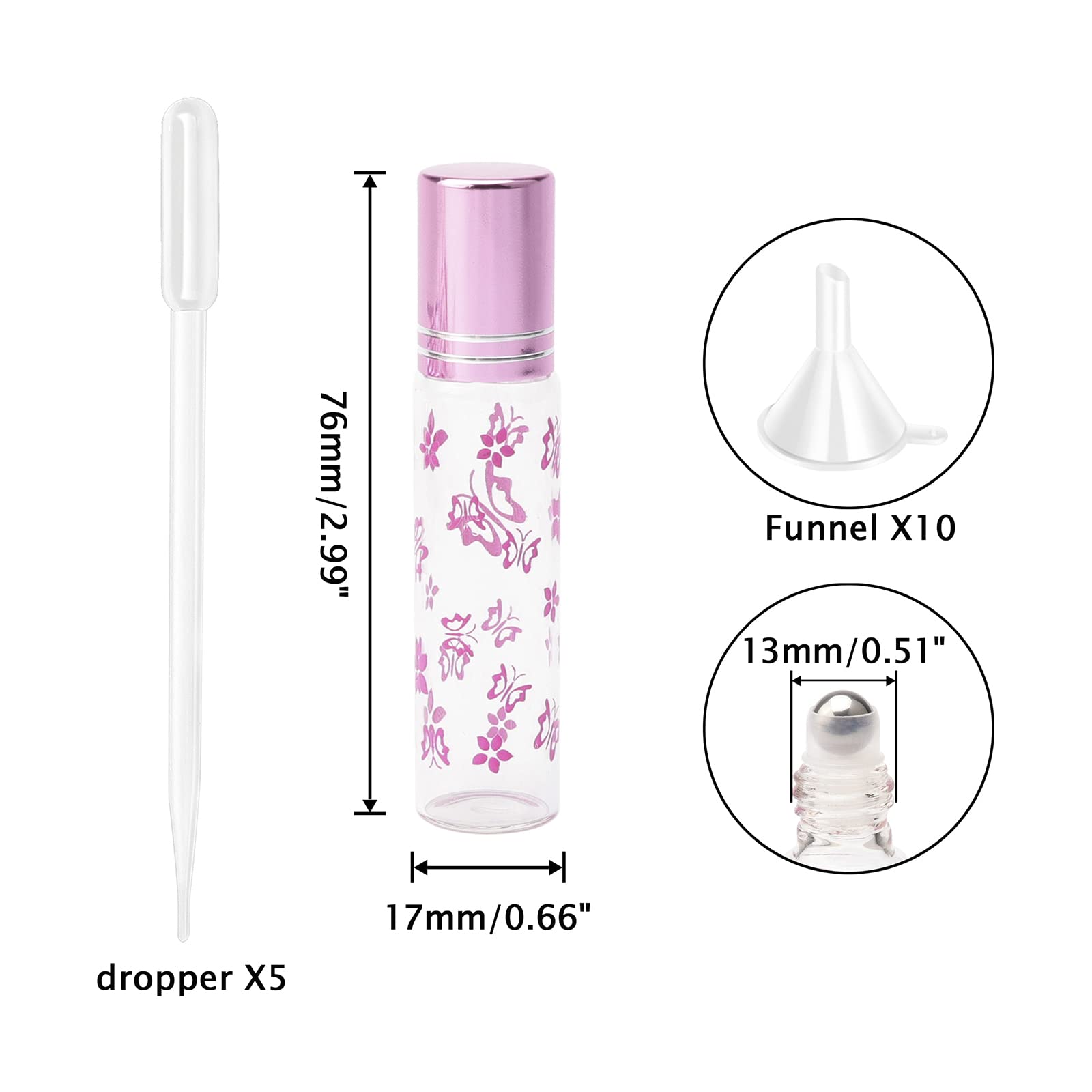 JIUWU 10ml/0.34oz Refillable Glass Roller Bottles, Pink Glass Roll on Bottles Empty Essential Oil Perfume Glass Sample Vials, with Funnel Dropper Opener, Pack of 12