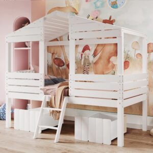 merax junior wood loft house bed with ladder/drawers, low loft bunk bed for girls boys,no box spring needed/space saving twin size white