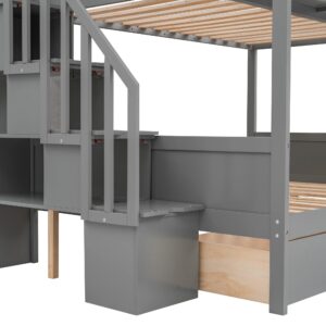 Harper & Bright Designs Bunk Bed Twin Over Full with Storage Staircase and 2 Drawers, Wooden Bunk Bed Frame with 4 Storage Shelves for Kids Boys Girls Teens, No Box Spring Need (Gray)