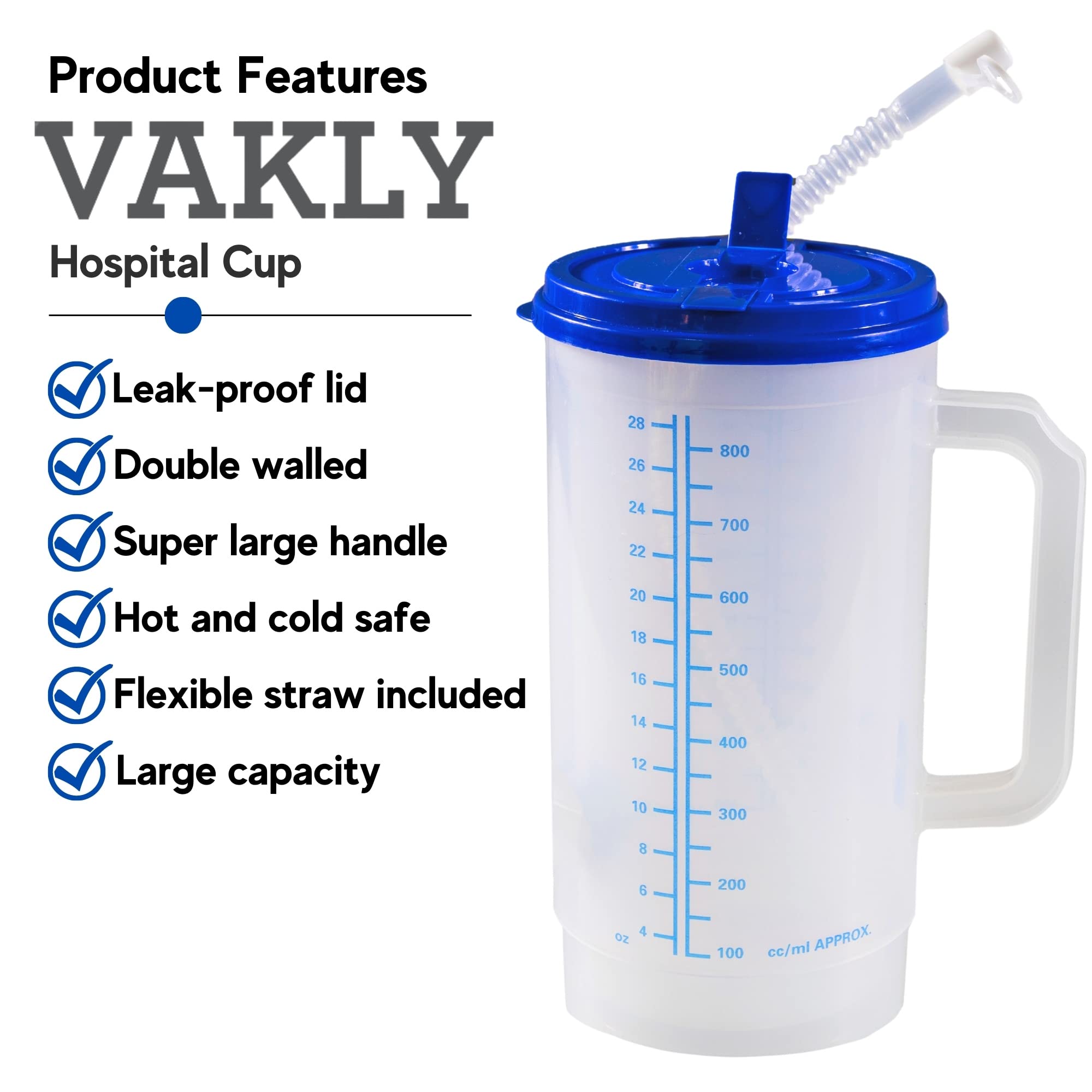 Vakly Hospital Carafe Insulated Double-Walled Water Bottle Thermos – 32 oz capacity (Graduated up to 28 oz) Hot and Cold Refillable – With Flexible Straw and Pouring/Sipping Spout (32 OZ [1 Pack])