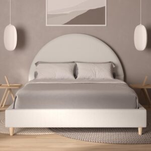 dg casa boucle cloud bed frame with arch shaped headboard, upholstered in soft fabric, platform bed frame with solid wood legs - boho or modern style - no box spring needed - queen size