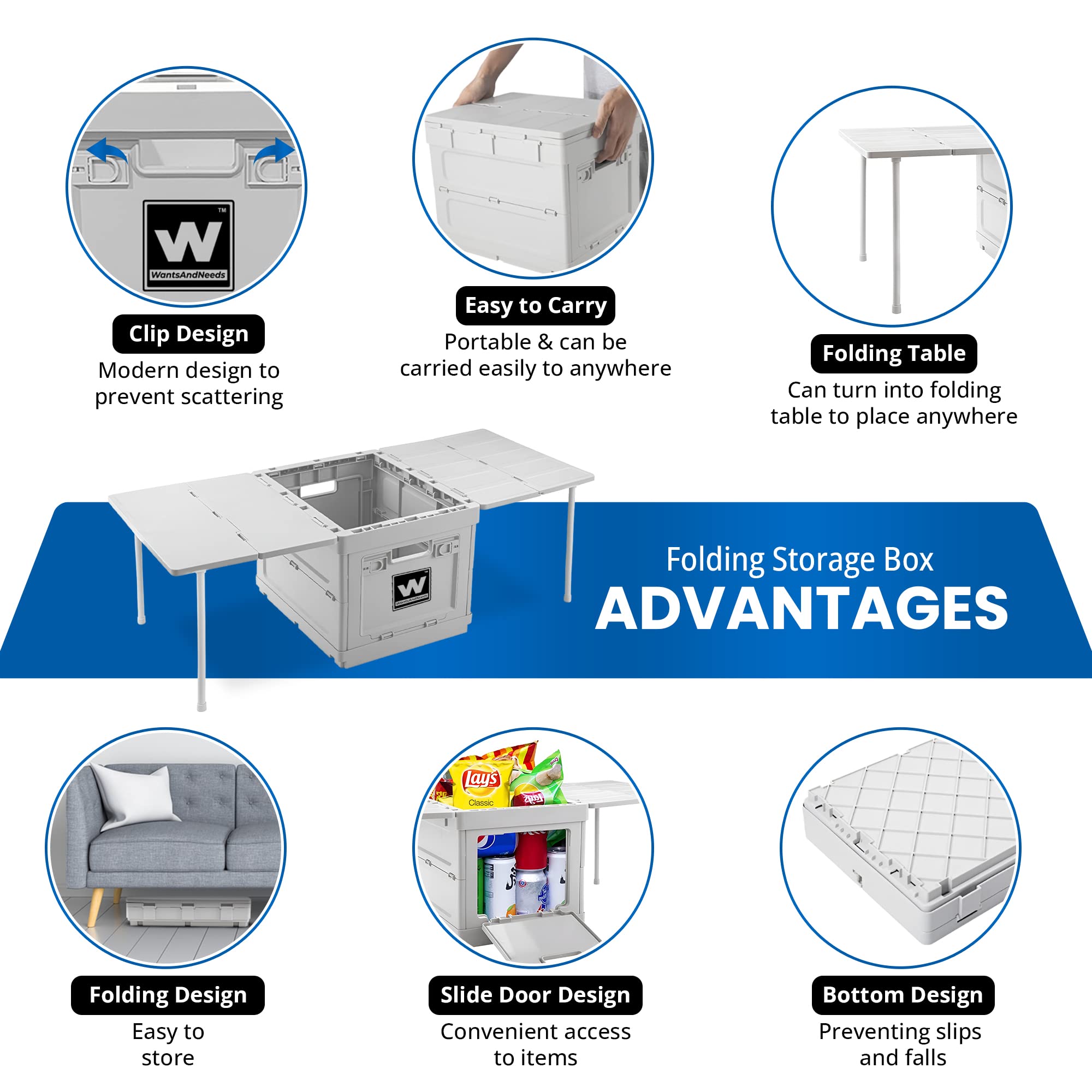 W WANTSANDNEEDS Folding Storage Bin – Collapsible Foldable Storage Bin with Folding Table – Storage Bin for Outdoor Activities, Football Tailgating, Hunting, Camping